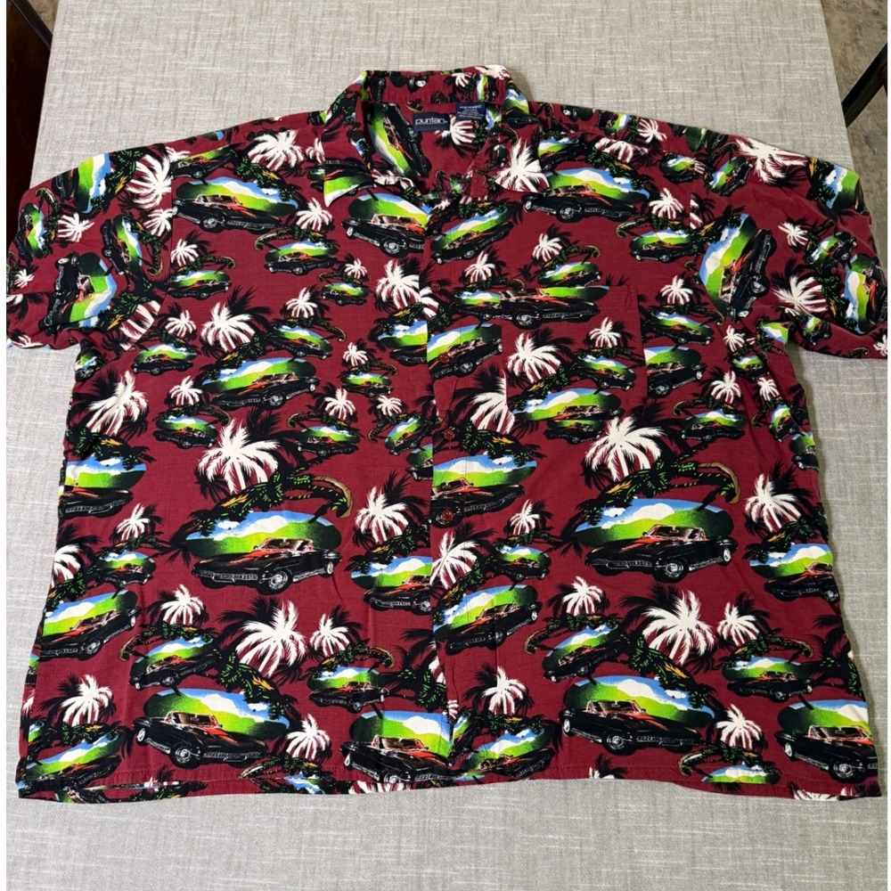 Vintage Puritan Mens 3XL Tropical Car Print Hawaiian Shirt Rayon‎ Short Sleeve